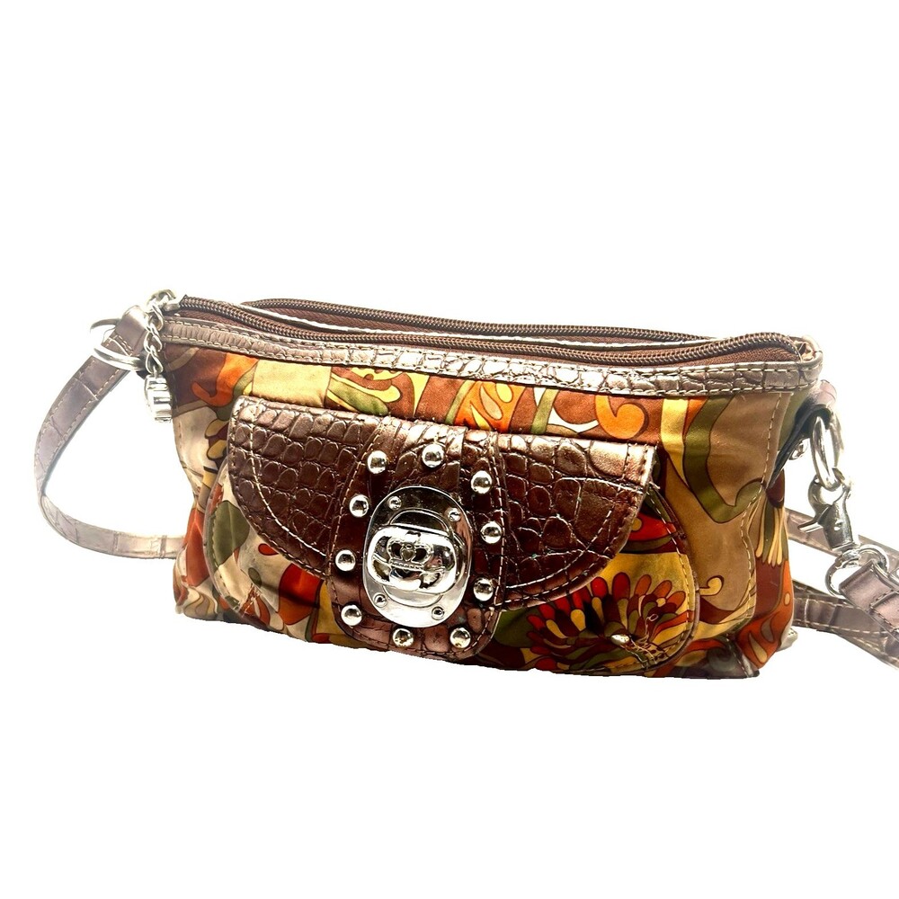 Kathy Van Zeeland Crossbody Purse Bohemian Paisley Faux Leather Brown 2 Charms